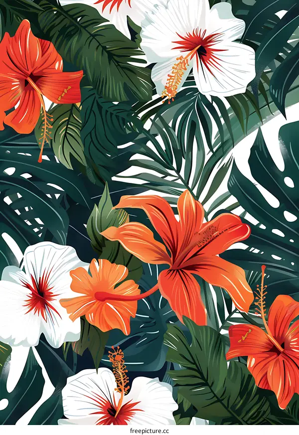 Tropical Flowers and Leaves Pattern