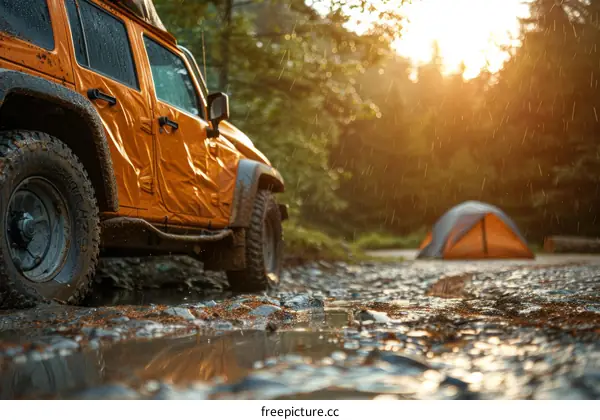 Off-road vehicle in the forest with a tent nearby