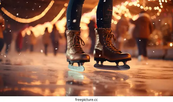A young woman ice skating on a frozen lake surrounded by snow-covered trees
