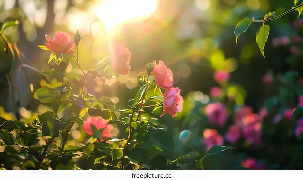 Blooming Pink Roses in Sunlight