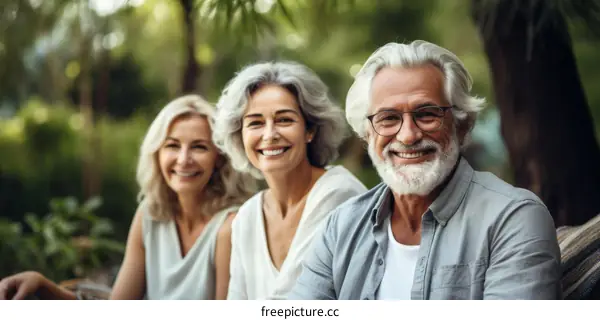 Three smiling people sitting on a bench in a park