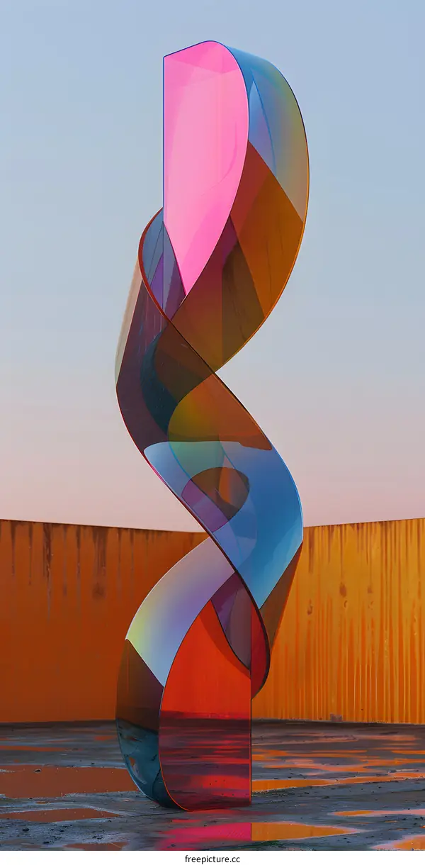 colorful abstract sculpture in front of a rusty metal fence
