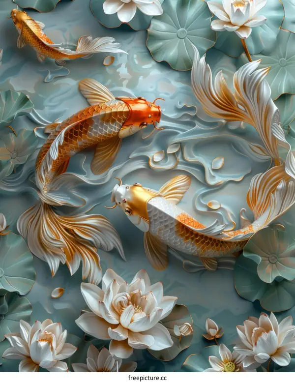 Koi Fish Swimming in a Lily Pond