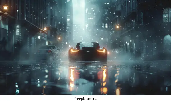 A black sports car drives through a rainy city street at night