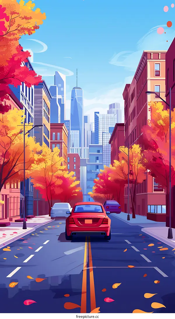 Autumn City Street with Red Car