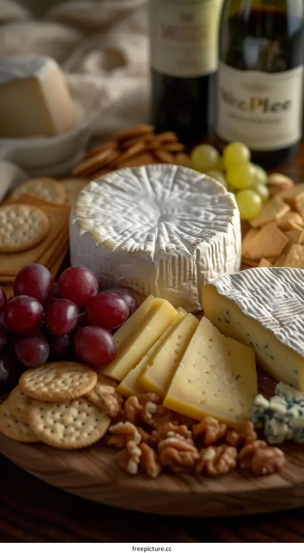 An assortment of cheeses, grapes, crackers, and nuts on a wooden board