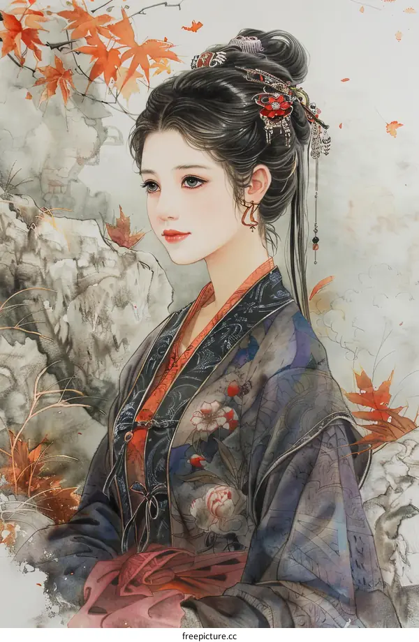 A Chinese lady in Hanfu dress stands in an enchanting red maple forest