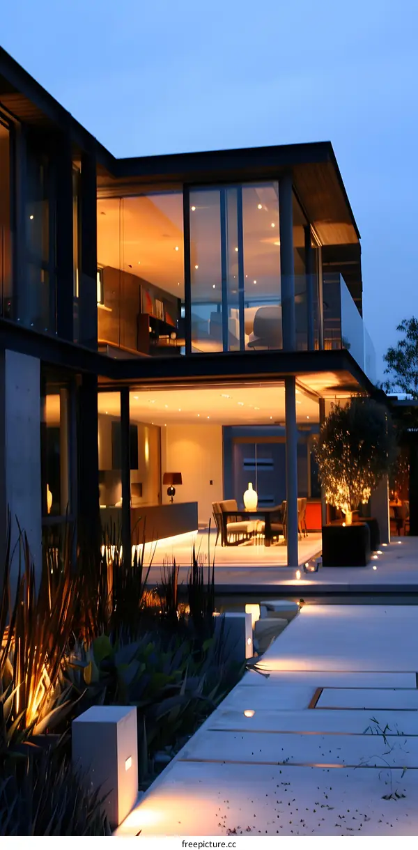 Modern House with Outdoor Lighting at Dusk