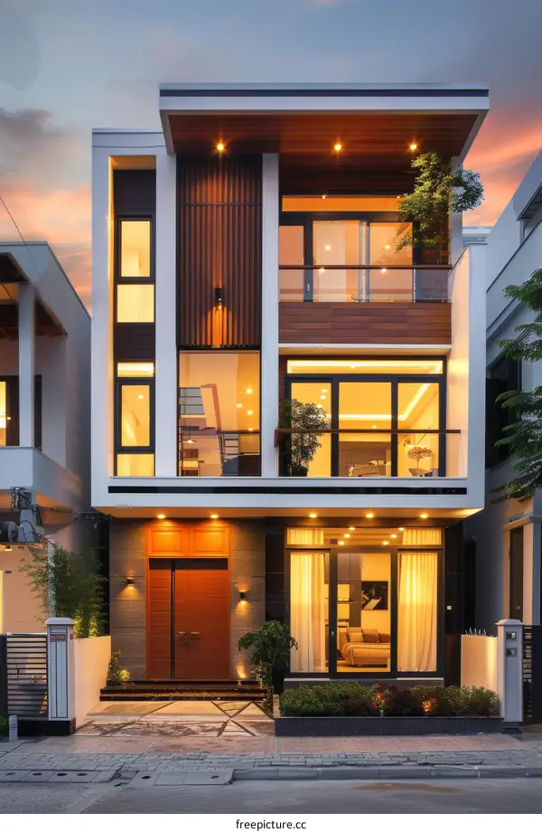 Modern Townhouse Exterior Design at Dusk