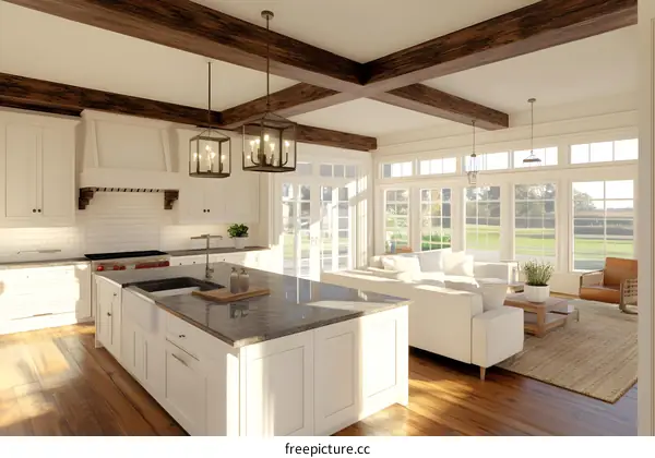 Modern Farmhouse Kitchen Island With Wooden Beams And Large Windows
