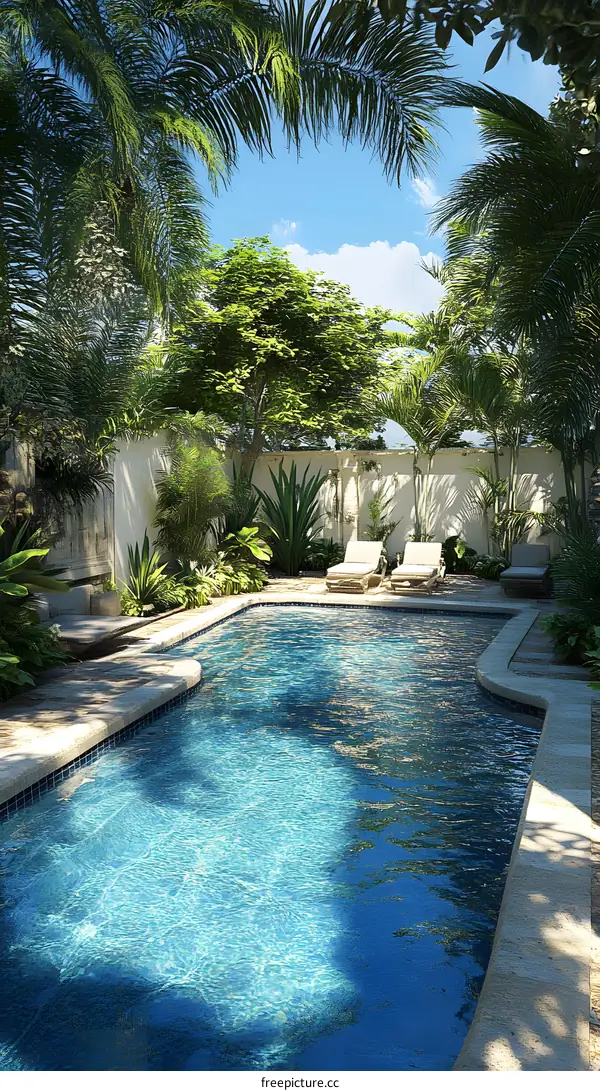 Tropical Backyard Pool With Palm Trees And Loungers