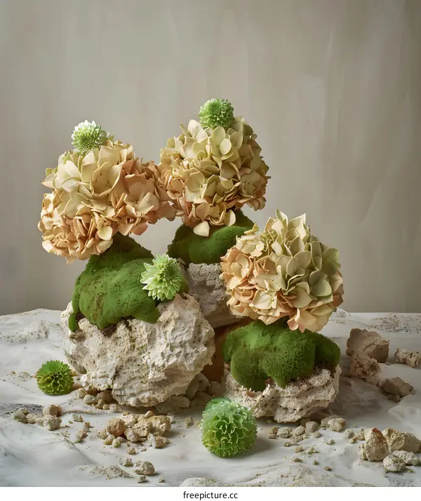 Dried Flowers and Moss on Rocks