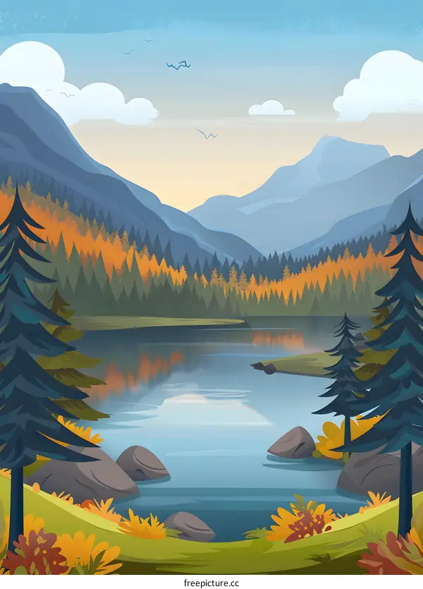 Autumn Mountain Lake Scene Illustration