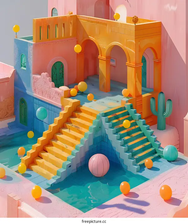Abstract 3D Illustration of a Surreal Architectural Structure with Colorful Geometric Shapes and a Pool