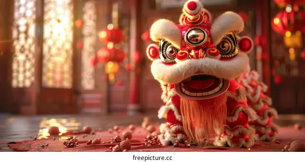 Chinese Lion Dance Performance with Red and Gold Fur