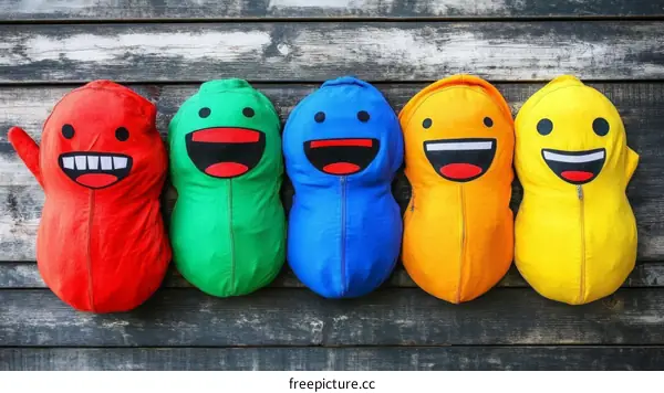 Colorful Happy Emoji Bean Bags on Wooden Background