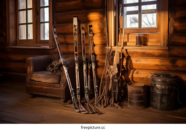 skis and ski poles in a wooden house