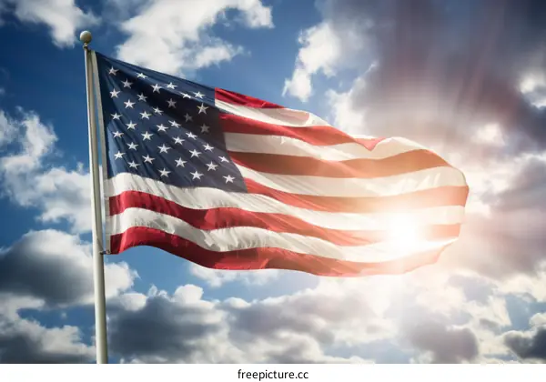 American flag waving in the wind with a bright sunburst in the background
