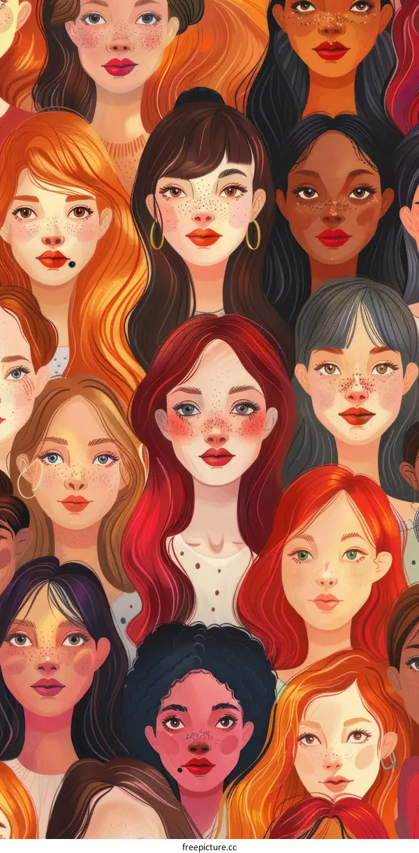A diverse group of women with different skin tones and hair colors