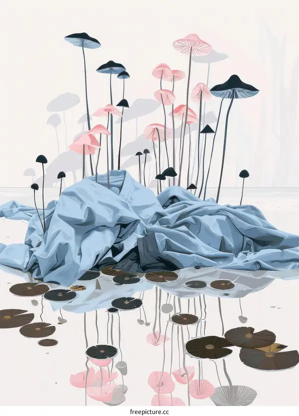 Blue Fabric with Mushrooms and Reflections