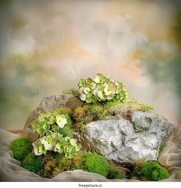 Green Hydrangea Flowers on Rocks and Moss