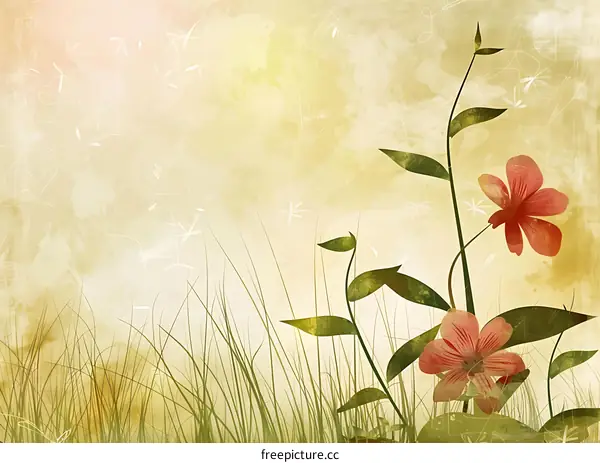 Vintage Floral Illustration with Grass and Leaves on Yellow Background