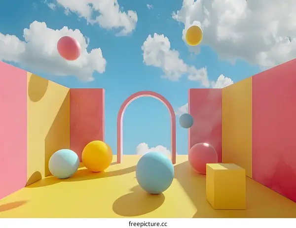 Abstract 3D Rendering of Colorful Geometric Shapes with Archway and Clouds