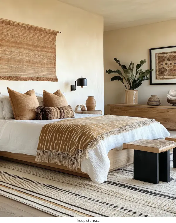 Beige Bedroom Interior Design with Woven Textiles