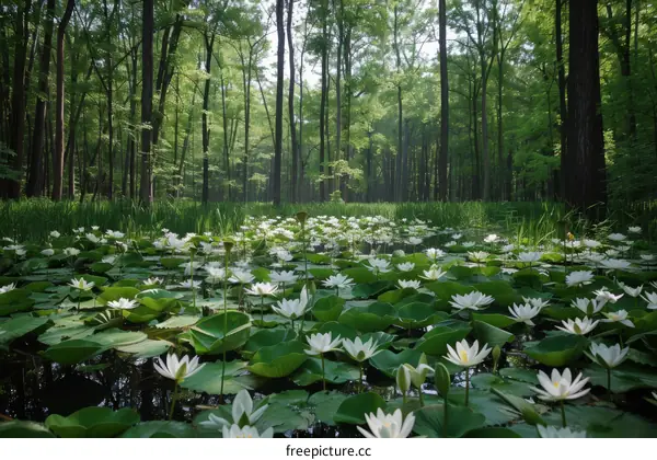 White water lilies in a lush green forest