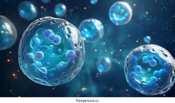 Blue glowing molecule structure. Abstract illustration of a cell or virus.