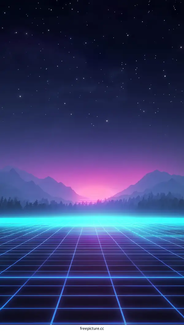 Retro Futuristic Grid Landscape with Neon Lights