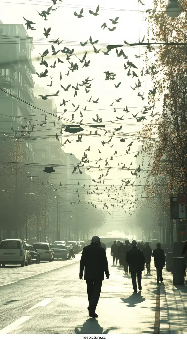City Street Scene with Birds in Flight