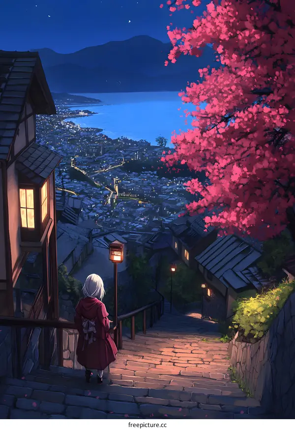 Night View of a City with a Woman on Stairs