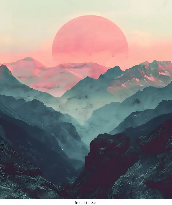 Pink Sun Over Mountain Range