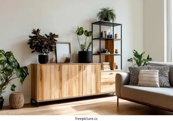 Modern Scandinavian Living Room with Wooden Furniture and Plants