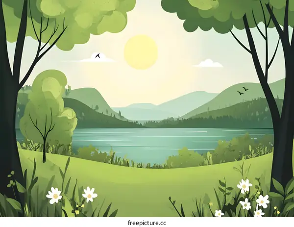 Scenic Landscape Illustration With Lake Mountains And Forest
