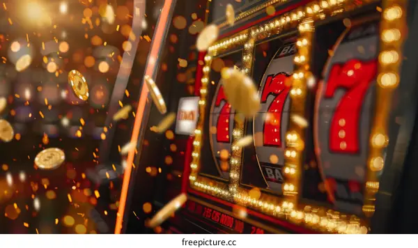 Slot machine with red sevens and golden coins