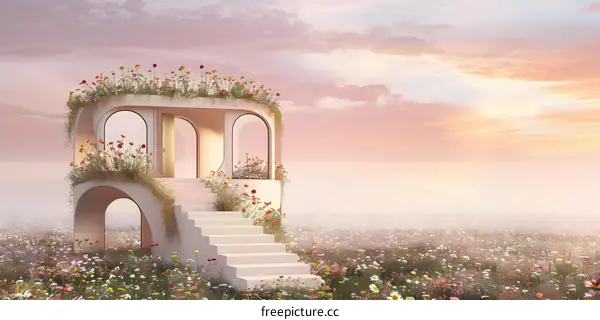 White Stone Building with Flowers on Top and Stairs in Field