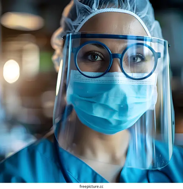 Woman Healthcare Worker Wearing Protective Face Shield and Mask