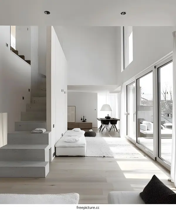 Modern Minimalist Home Interior Design with Concrete Stairs and Large Windows