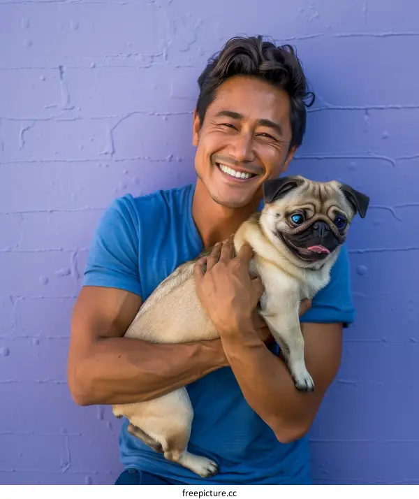 Asian man smiling and hugging a pug