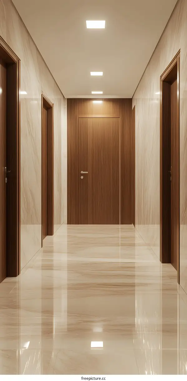 Modern Hallway with Wooden Doors and Marble Floor