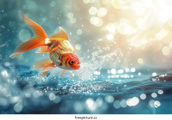 A red and white goldfish jumps out of the water