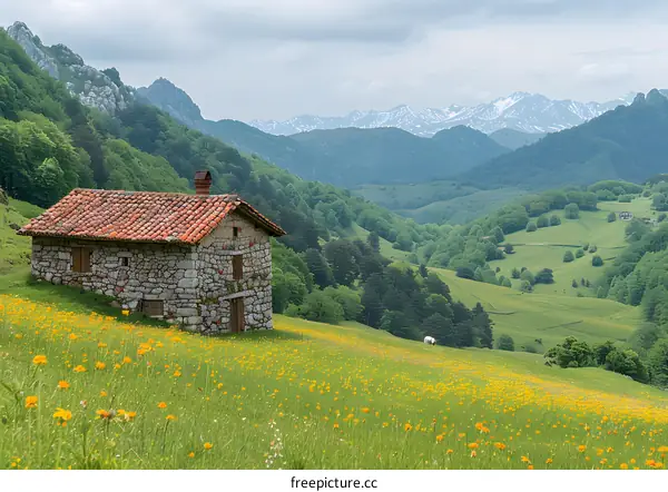 A stone cottage in the mountains with a field of yellow flowers in front
