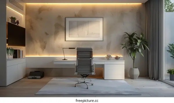 Modern home office interior design with large windows and plants