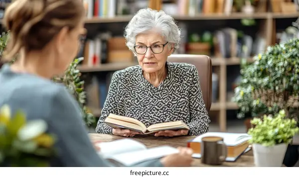 Two Women Discussing Books in a Library