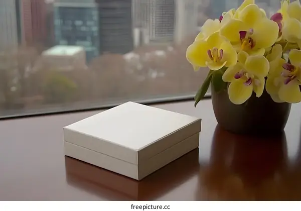 White Box with Yellow Orchid Flowers on Table in Front of Window