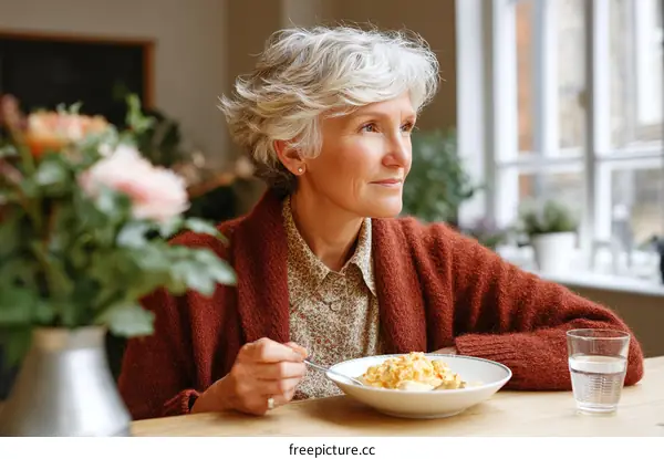 Elderly woman having breakfast with healthy food at home