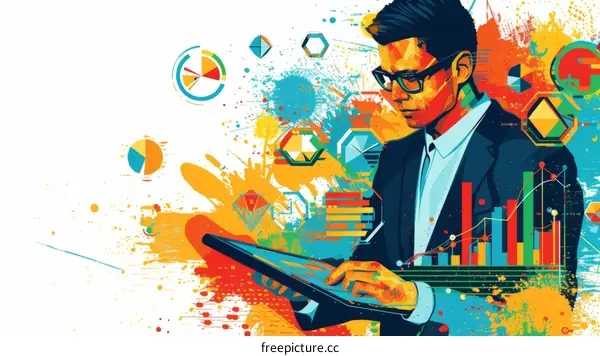 Businessman analyzing data on a tablet with graphs and charts in the background