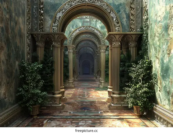 Enchanted Archway: Fantasy Corridor with Plants